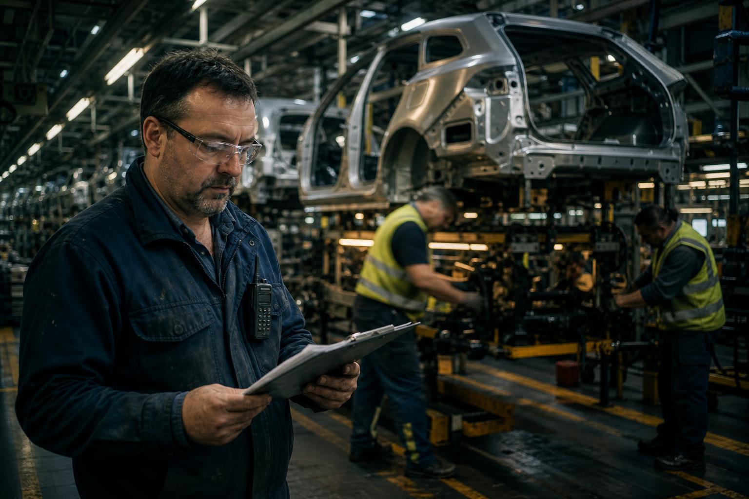 Výrobný tím a supervízor v európskej automobilovej fabrike